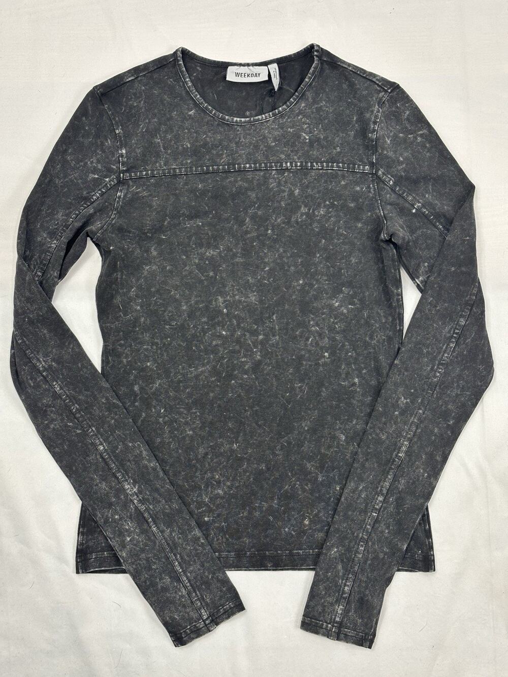 Weekday Pace Long Sleeve Top Acid Wash Black Ribbed Edgy Streetwear Size S NWT